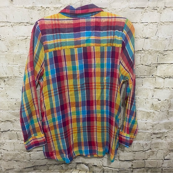 Soft Surroundings Kona Shores Gauze Plaid Button Detail Shirt Top - Picture 4 of 6